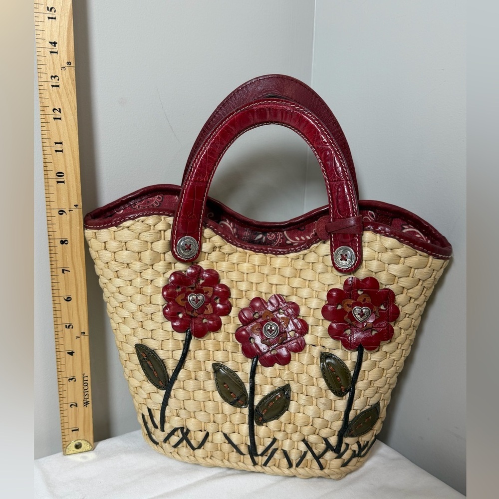 Brighton Beverly Straw Tote Handbag Stylish Woven Tote with Red Leather Accents - Picture 3 of 12